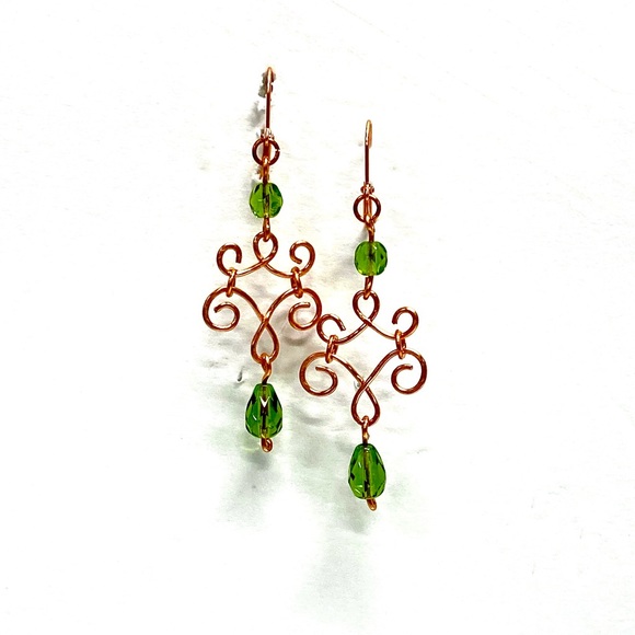 HANDCRAFTED Pure Copper Chandelier Earrings w/ Vintage Faceted Glass Bead Accent - Picture 7 of 10